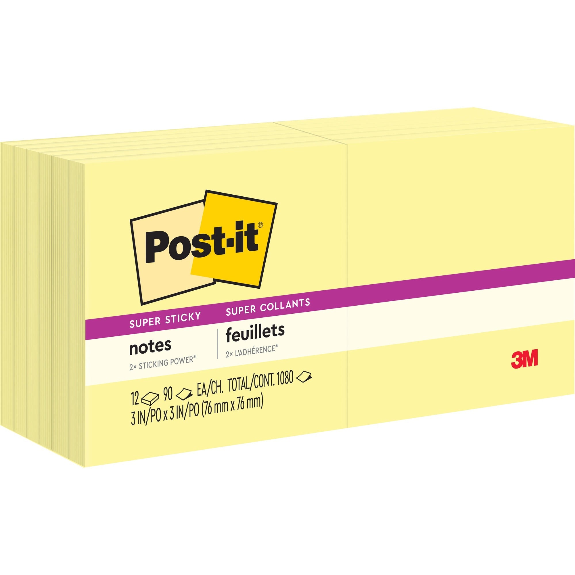 Post-it® Super Sticky Dispenser Notes - 1080 - 3" Flag/Note Width x 3" Flag/Note Length - Square - 90 Sheets per Pad - Unruled - Canary Yellow - Paper - Self-adhesive, Repositionable - 12 / Pack