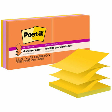 Post-it® Super Sticky Dispenser Notes - Energy Boost Color Collection - 540 - 3" Flag/Note Width x 3" Flag/Note Length - Square - 90 Sheets per Pad - Unruled - Vital Orange, Tropical Pink, Sunnyside - Paper - Self-adhesive, Repositionable - 6 / Pack