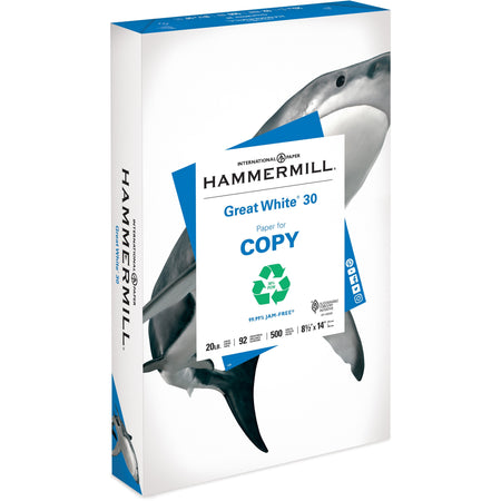 Hammermill Great White Recycled Copy Paper - White - 92 Brightness - Legal - 8 1/2" x 14" - 20 lb Basis Weight - Acid-free, Moisture Resistant, Archival-safe, Jam-free - White - 500 / Ream