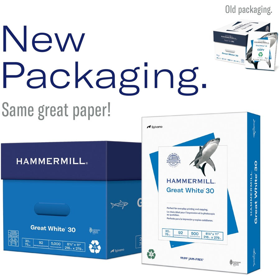 Hammermill Great White Recycled Copy Paper - White - 92 Brightness - Legal - 8 1/2" x 14" - 20 lb Basis Weight - Acid-free, Moisture Resistant, Archival-safe, Jam-free - White - 500 / Ream