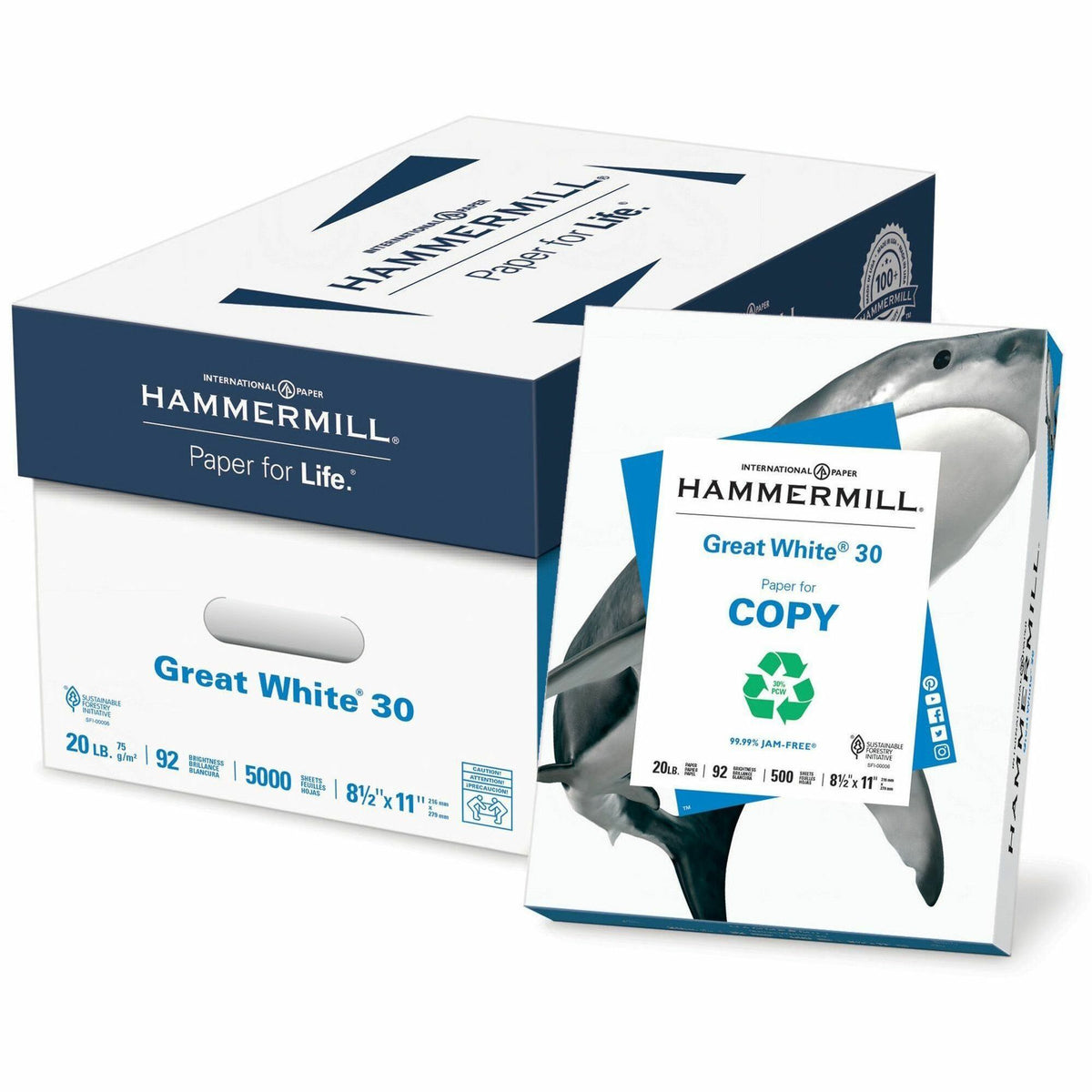 Hammermill Great White Recycled Copy Paper - White - 92 Brightness - Letter - 8 1/2" x 11" - 20 lb Basis Weight - Acid-free, Archival-safe, Jam-free - White - 500 Sheets per Ream - 10 / Carton