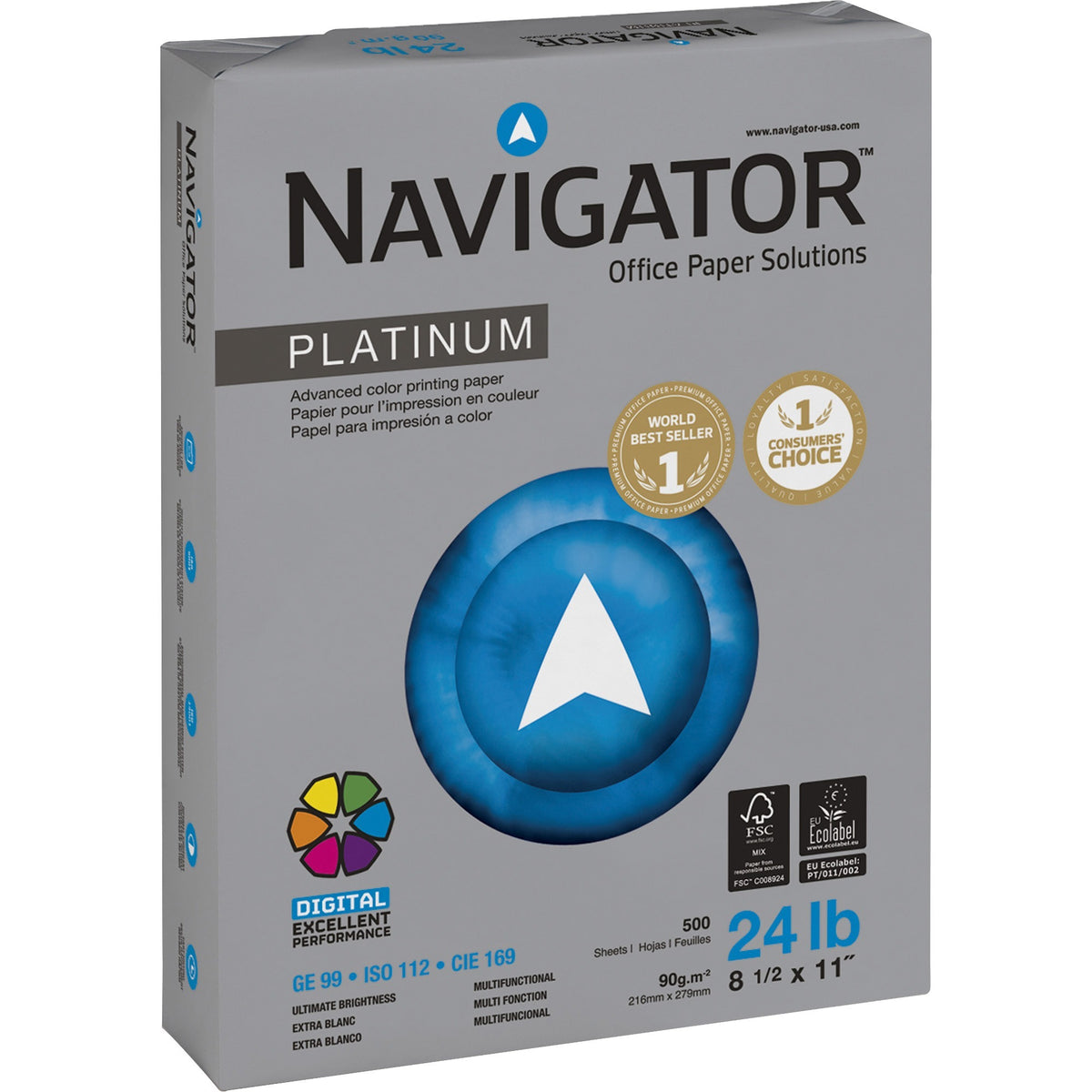 Navigator Platinum Office Multipurpose Paper - Bright White - 99 Brightness - Letter - 8 1/2" x 11" - 24 lb Basis Weight - Smooth - Jam-free - Bright White - 500 Sheets per Ream - 5 / Carton
