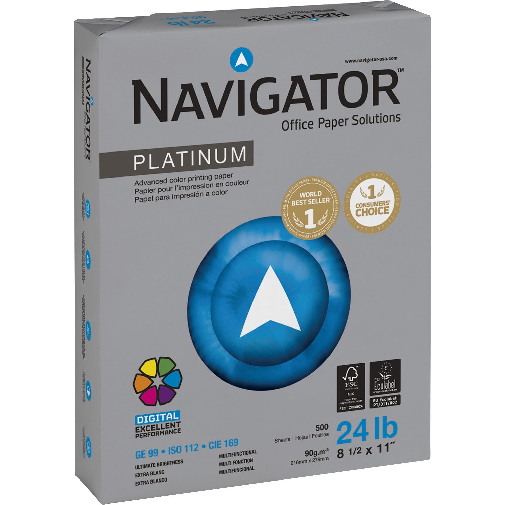 Navigator Platinum Office Multipurpose Paper - Bright White - 99 Brightness - Letter - 8 1/2" x 11" - 24 lb Basis Weight - Smooth - Jam-free - Bright White - 500 Sheets per Ream - 5 / Carton
