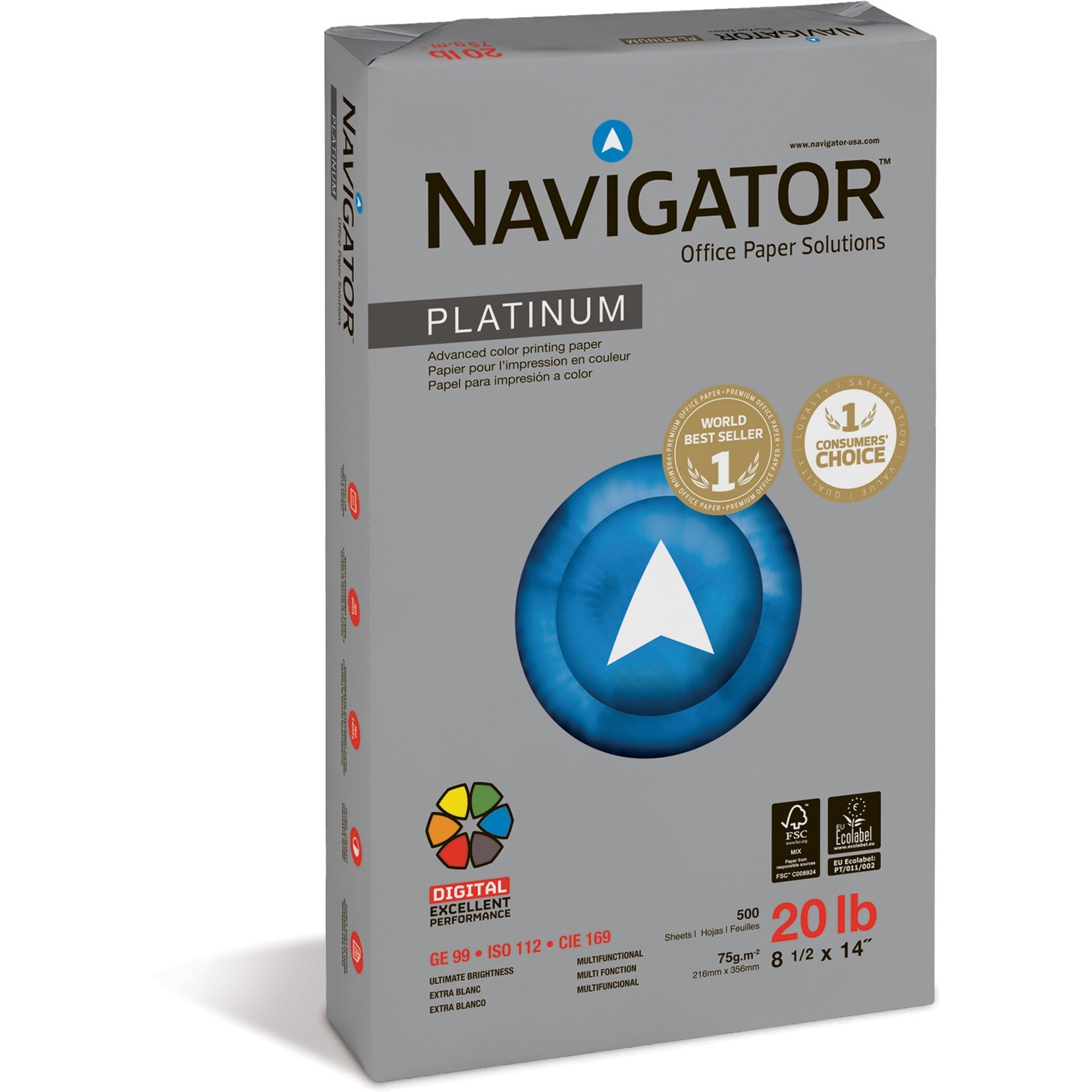 Navigator Platinum Office Multipurpose Paper - Bright White - 99 Brightness - Legal - 8 1/2" x 14" - 20 lb Basis Weight - Smooth - Chlorine-free - Bright White - 500 Sheets per Ream - 10 / Carton