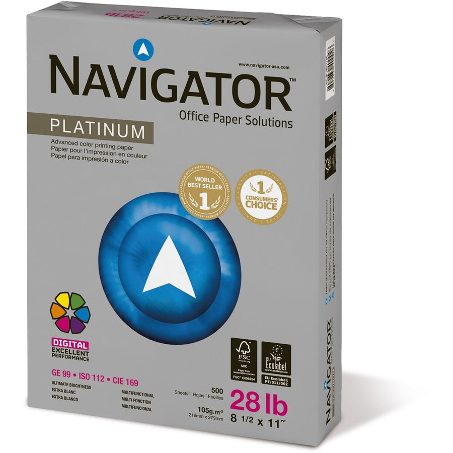 Navigator Platinum Office Multipurpose Paper - Bright White - 99 Brightness - Letter - 8 1/2" x 11" - 28 lb Basis Weight - Smooth - Jam-free - Bright White - 500 Sheets per Ream - 5 / Carton