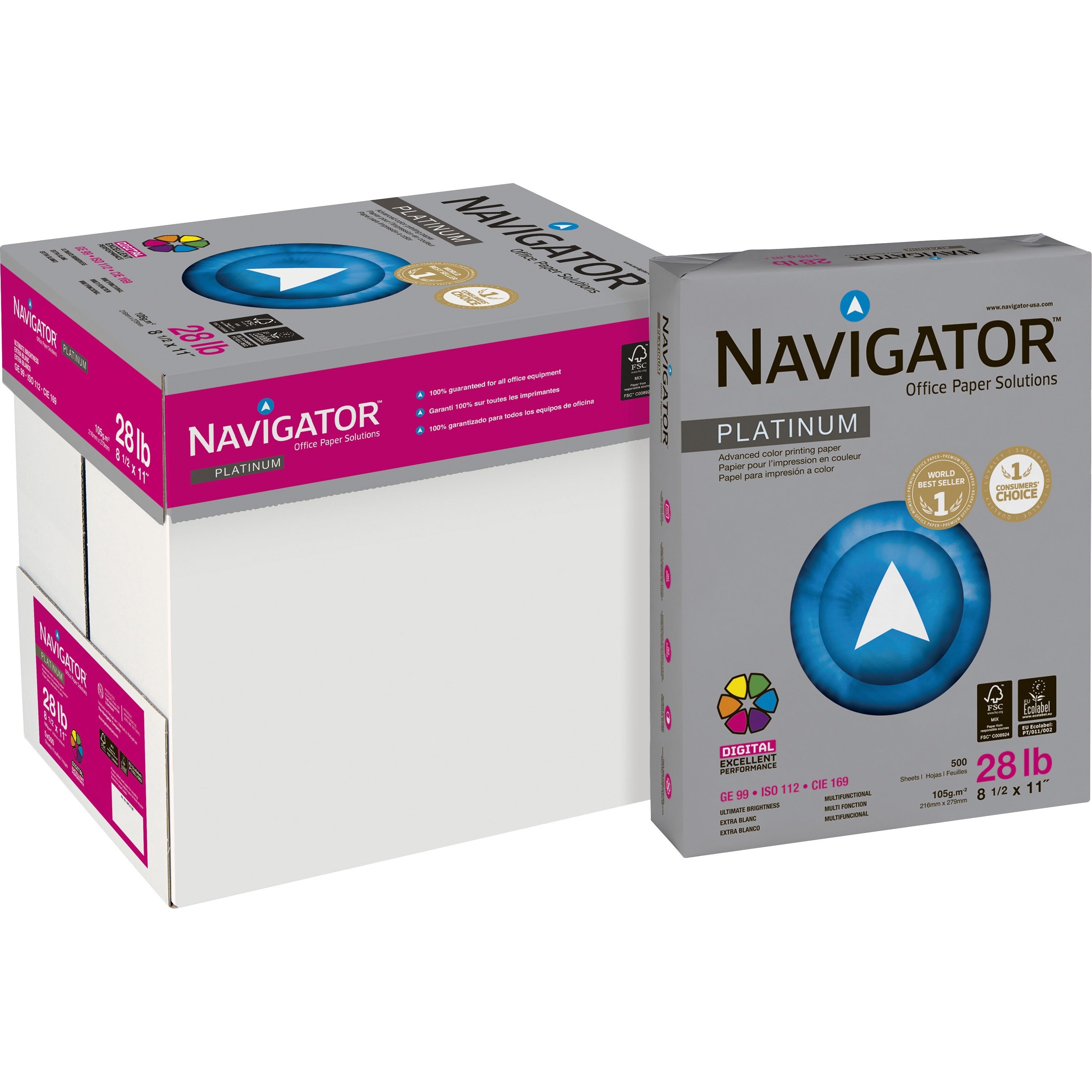 Navigator Platinum Office Multipurpose Paper - Bright White - 99 Brightness - Letter - 8 1/2" x 11" - 28 lb Basis Weight - Smooth - Jam-free - Bright White - 500 Sheets per Ream - 5 / Carton