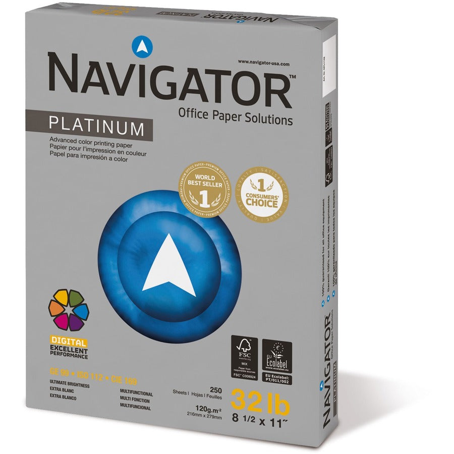 Navigator Platinum Office Multipurpose Paper - Bright White - 99 Brightness - Letter - 8 1/2" x 11" - 32 lb Basis Weight - Smooth - Jam-free - Bright White - 250/Pack - 8 / Carton