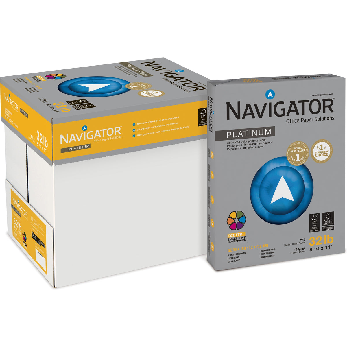 Navigator Platinum Office Multipurpose Paper - Bright White - 99 Brightness - Letter - 8 1/2" x 11" - 32 lb Basis Weight - Smooth - Jam-free - Bright White - 250/Pack - 8 / Carton