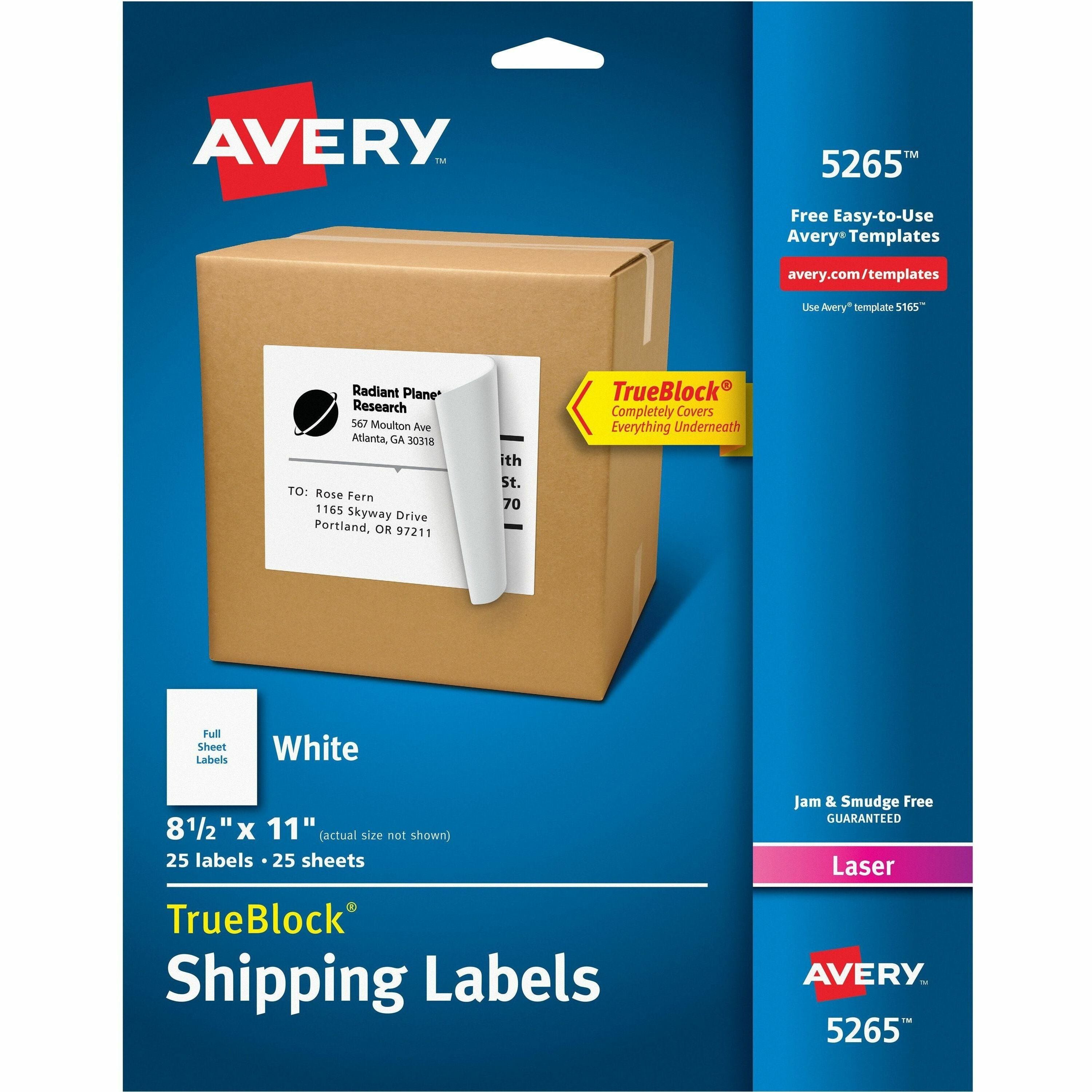 Avery®  Shipping Labels - TrueBlock - 8 1/2" Width x 11" Length - Permanent Adhesive - Rectangle - Laser, Inkjet - White - Jam-free, Smudge-free - 1 / Sheet - 25 / Pack