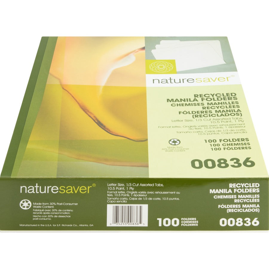 Nature Saver 1/3 Tab Cut Letter Recycled Top Tab File Folder - 8 1/2" x 11" - 3/4" Expansion - Top Tab Location - Assorted Tab Position - 11 pt. - 1 Plys - Manila - Manila - 100% Recycled - 100 / Box