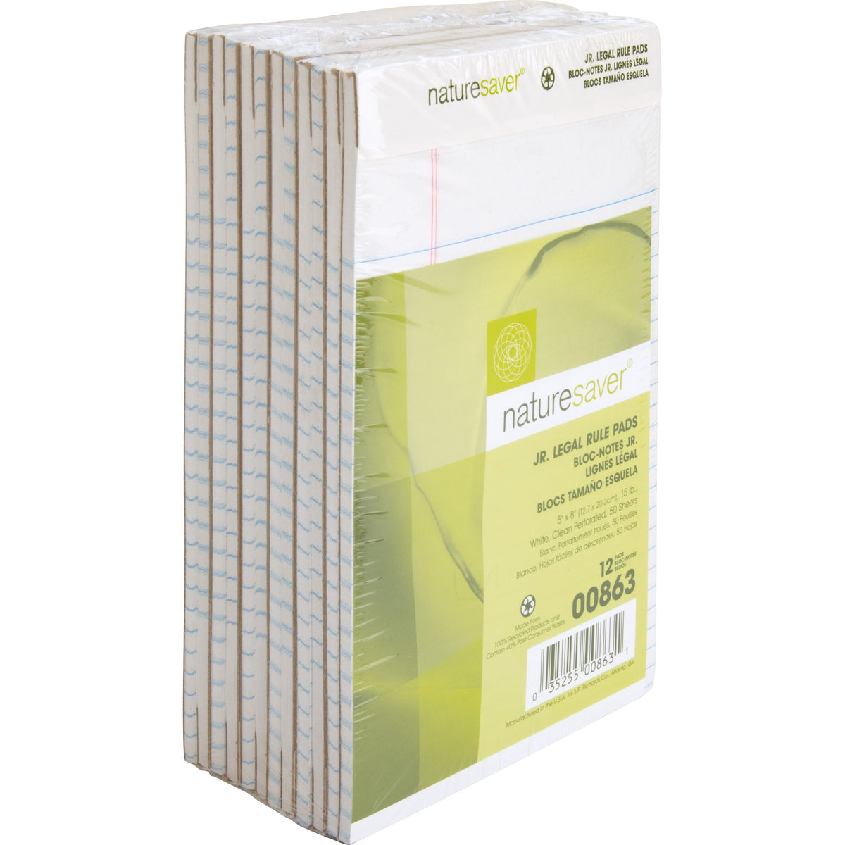 Nature Saver 100% Recycled White Jr. Rule Legal Pads - Jr.Legal - 50 Sheets - 0.28" Ruled - 15 lb Basis Weight - Jr.Legal - 5" x 8" Sheet Size - White Paper - Perforated, Back Board - Recycled - 1 Dozen