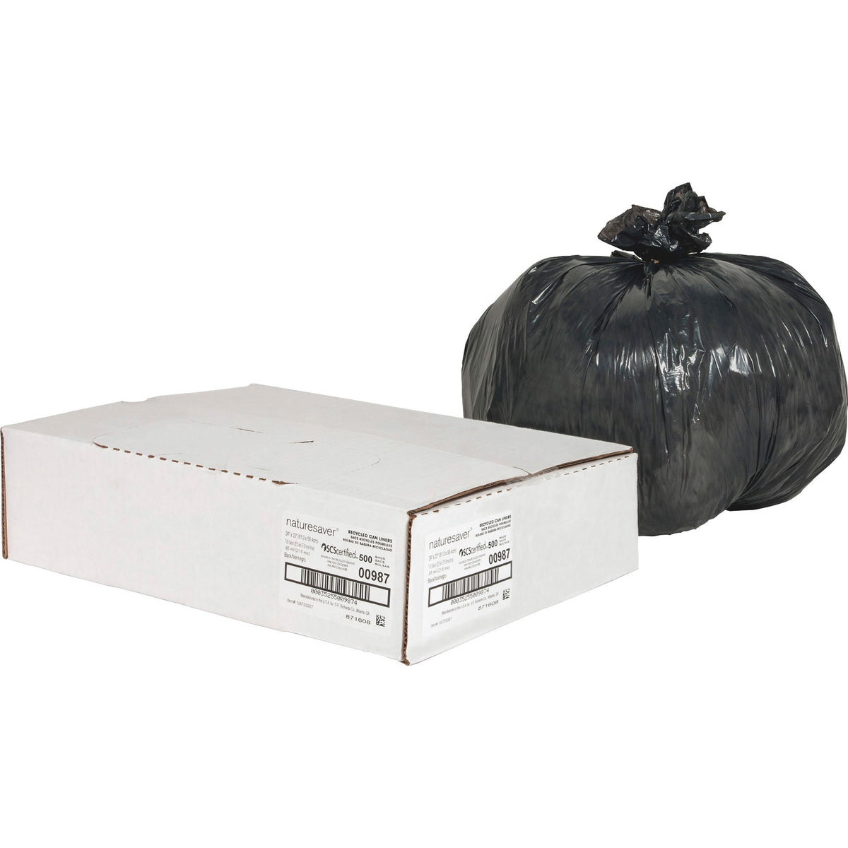 Nature Saver Black Low-density Recycled Can Liners - Small Size - 10 gal Capacity - 23" Length x 24" Width x 0.85 mil (22 Micron) Thickness - Low Density - Black - Plastic - Cleaning Supplies - Recycled - 500 / Carton