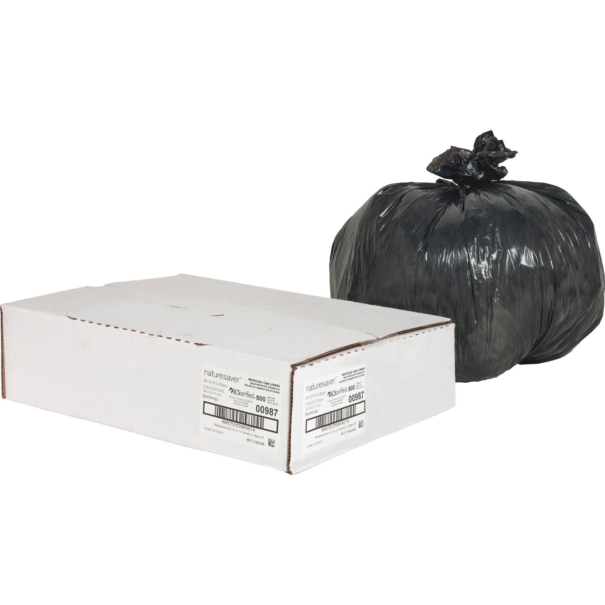 Nature Saver Black Low-density Recycled Can Liners - Small Size - 10 gal Capacity - 23" Length x 24" Width x 0.85 mil (22 Micron) Thickness - Low Density - Black - Plastic - Cleaning Supplies - Recycled - 500 / Carton