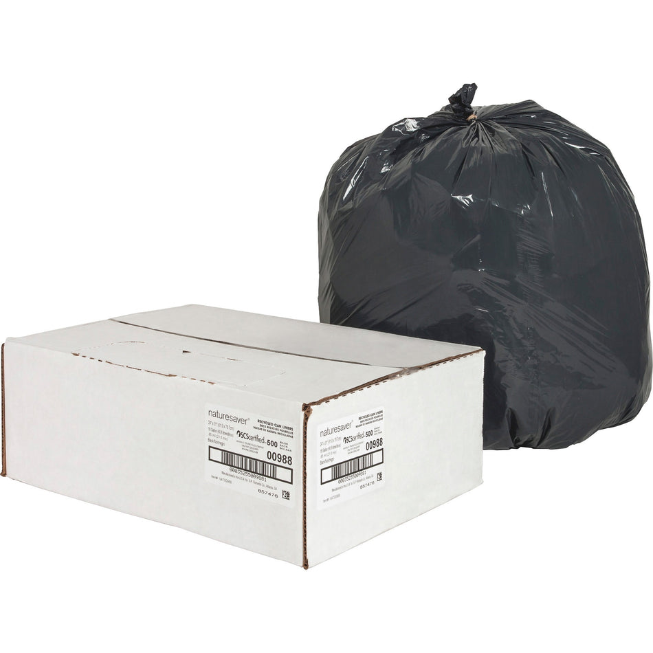 Nature Saver Black Low-density Recycled Can Liners - Small Size - 16 gal Capacity - 33" Length x 24" Width x 0.85 mil (22 Micron) Thickness - Low Density - Black - Plastic - Cleaning Supplies - Recycled - 500 / Carton