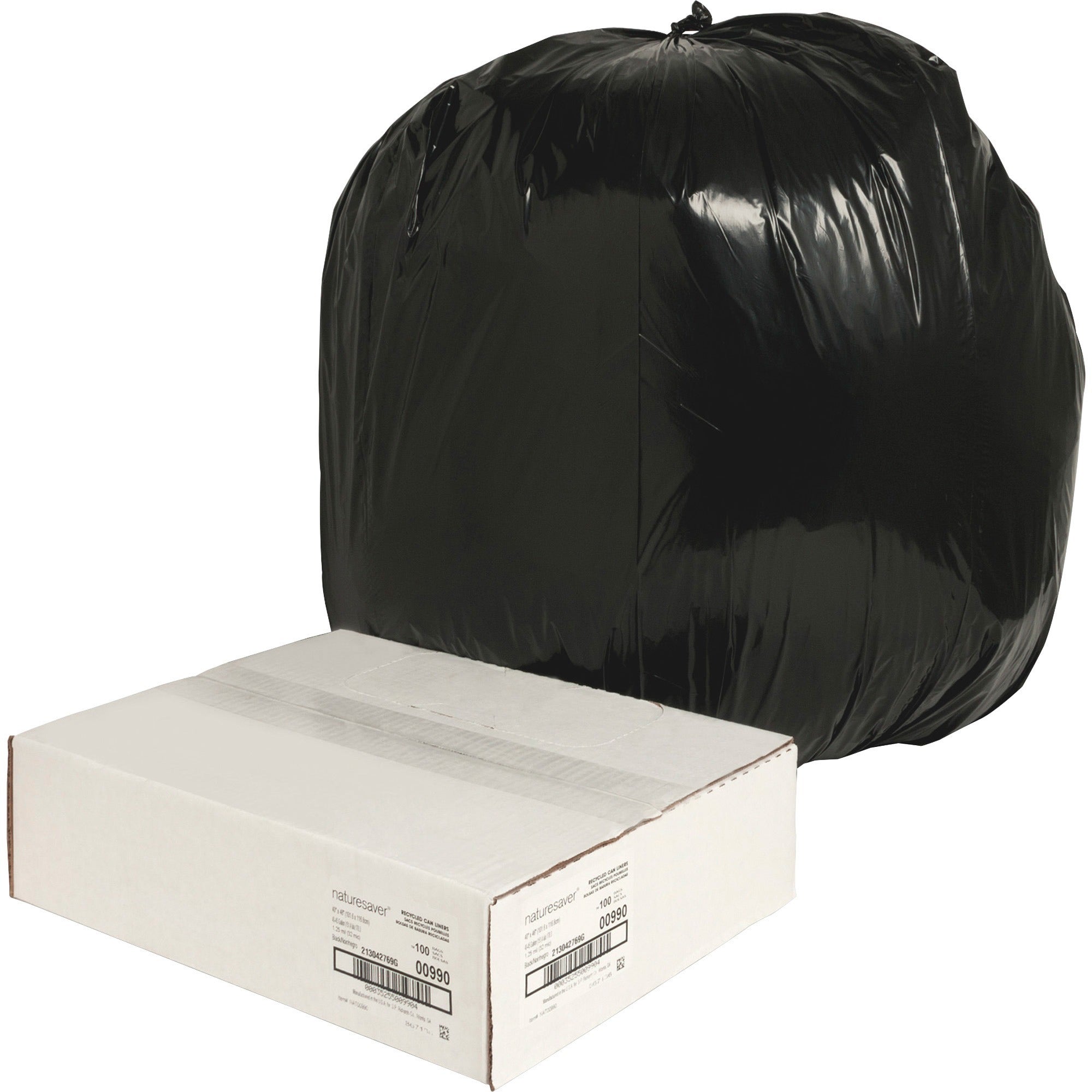 Nature Saver Black Low-density Recycled Can Liners - Large Size - 45 gal Capacity - 46" Length x 40" Width x 1.25 mil (32 Micron) Thickness - Low Density - Black - Plastic - Cleaning Supplies - Recycled - 100 / Carton