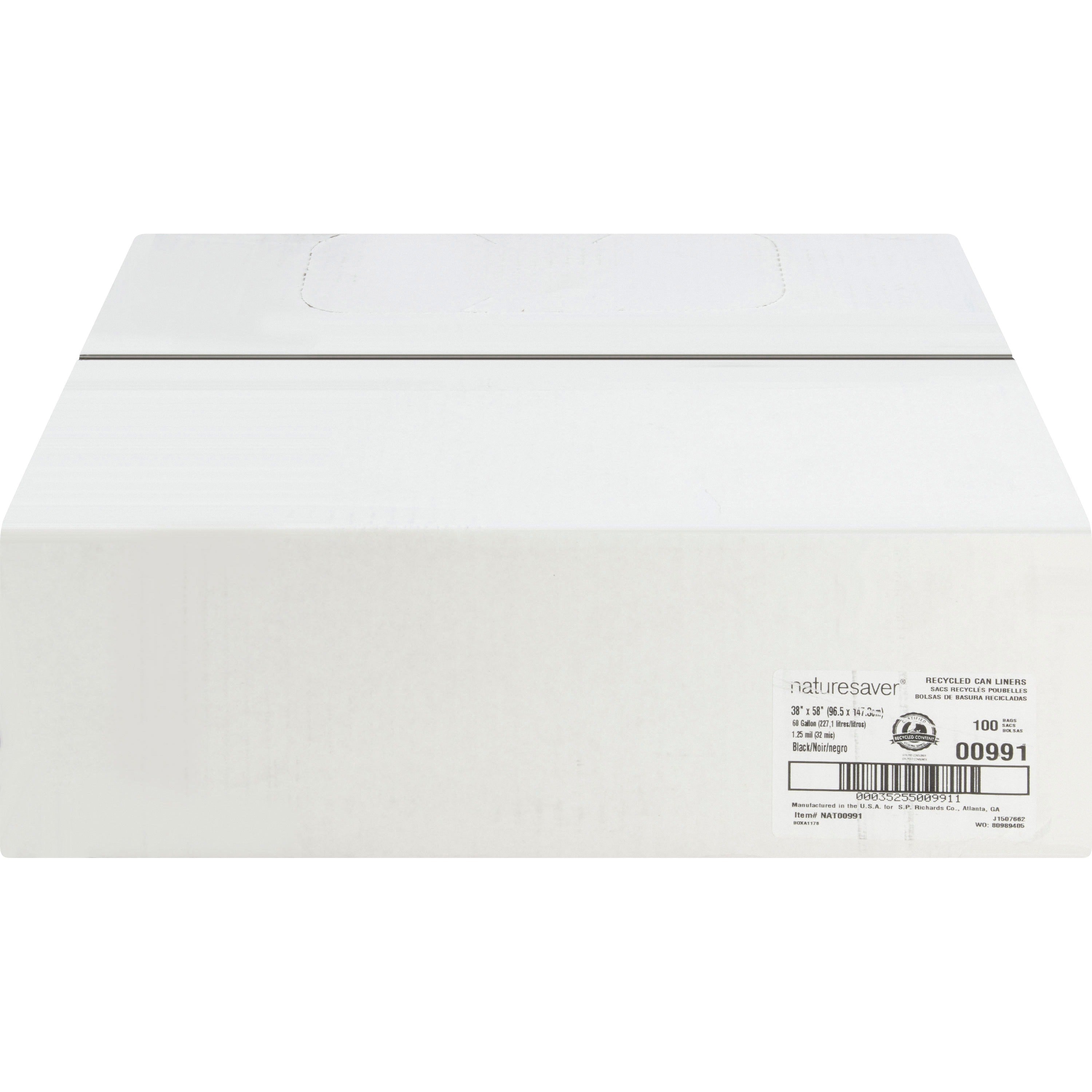 Nature Saver Black Low-density Recycled Can Liners - Extra Large Size - 60 gal Capacity - 38" Width x 58" Length - 1.25 mil (32 Micron) Thickness - Low Density - Black - Plastic - 100/Carton - Cleaning Supplies - Recycled