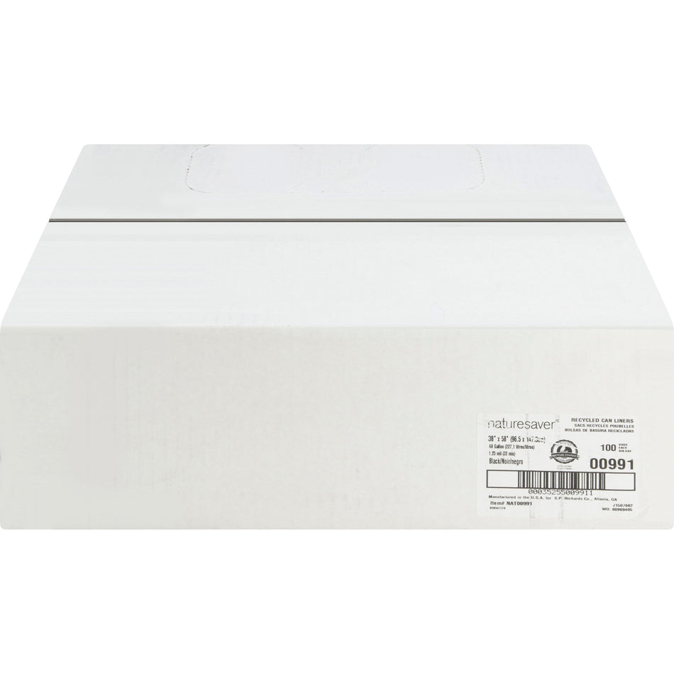 Nature Saver Black Low-density Recycled Can Liners - Extra Large Size - 60 gal Capacity - 38" Width x 58" Length - 1.25 mil (32 Micron) Thickness - Low Density - Black - Plastic - 100/Carton - Cleaning Supplies - Recycled