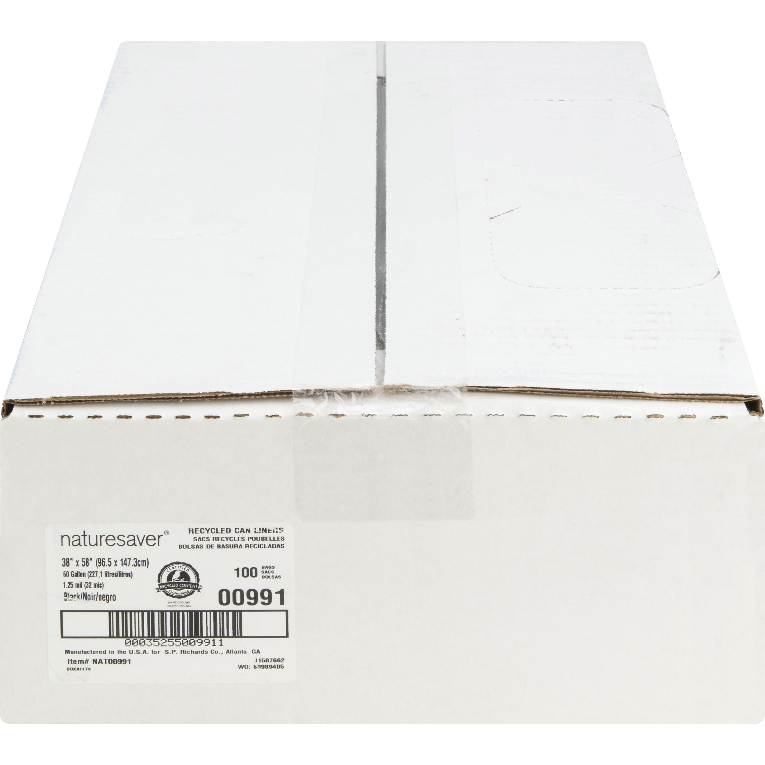 Nature Saver Black Low-density Recycled Can Liners - Extra Large Size - 60 gal Capacity - 38" Width x 58" Length - 1.25 mil (32 Micron) Thickness - Low Density - Black - Plastic - 100/Carton - Cleaning Supplies - Recycled