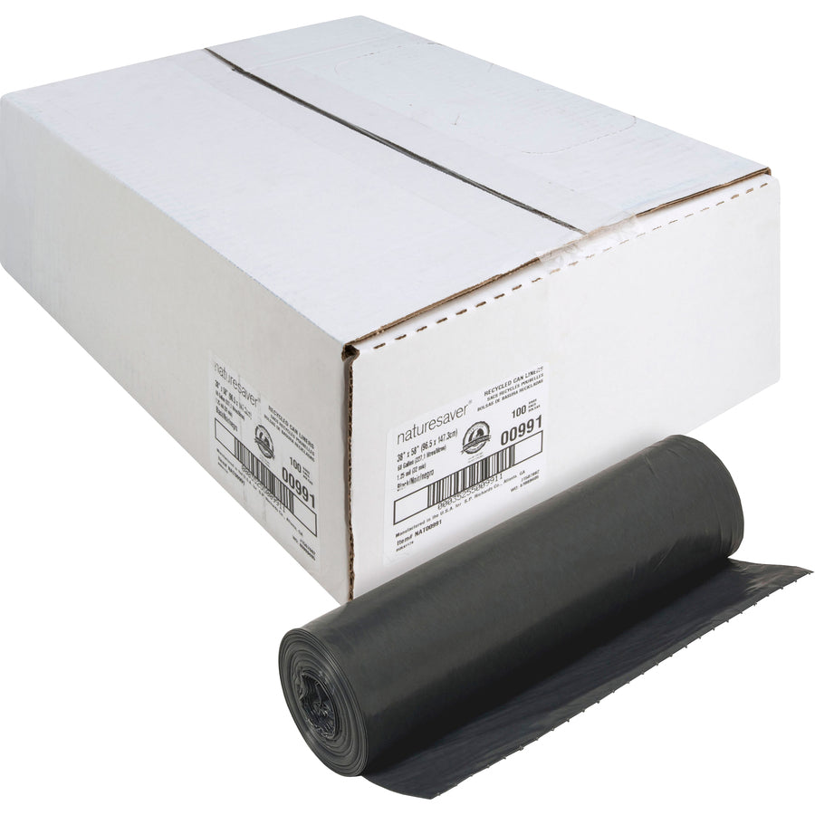 Nature Saver Black Low-density Recycled Can Liners - Extra Large Size - 60 gal Capacity - 38" Width x 58" Length - 1.25 mil (32 Micron) Thickness - Low Density - Black - Plastic - 100/Carton - Cleaning Supplies - Recycled