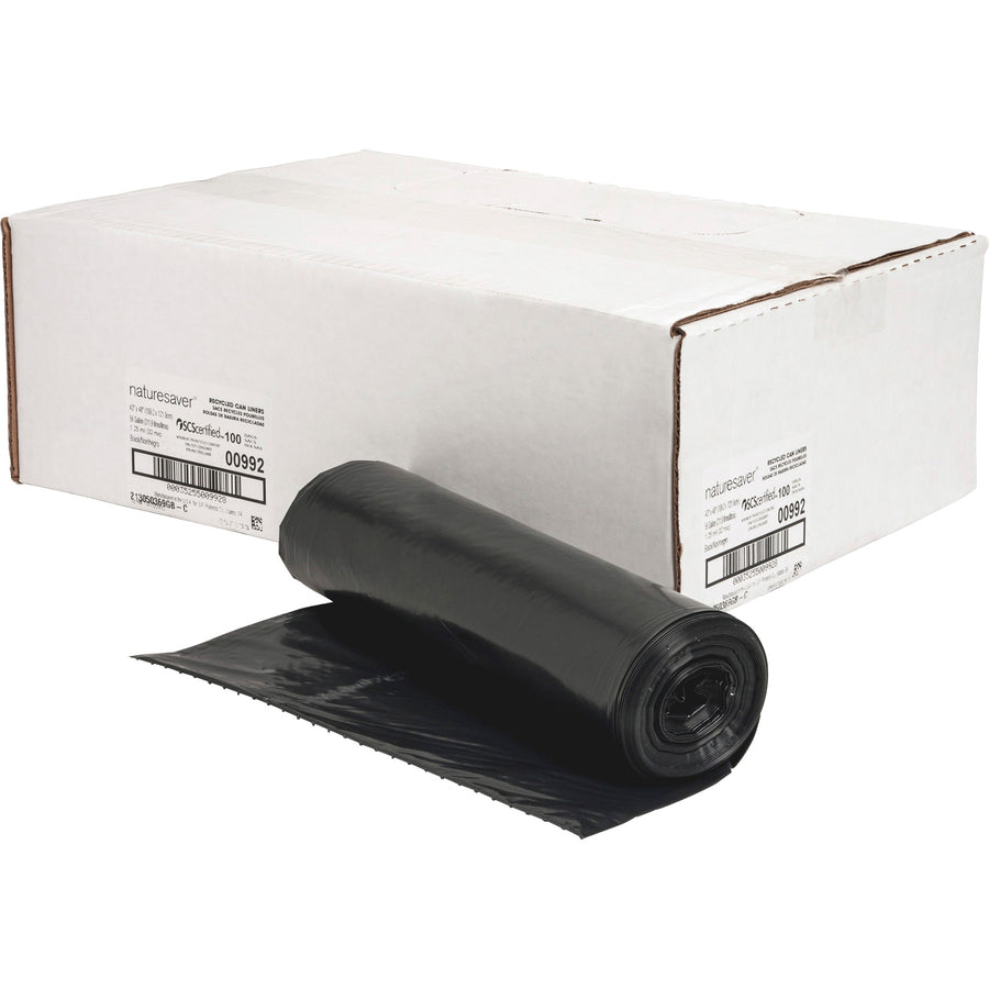 Nature Saver Black Low-density Recycled Can Liners - Extra Large Size - 56 gal Capacity - 43" Width x 48" Length - 1.25 mil (32 Micron) Thickness - Low Density - Black - Plastic - 100/Carton - Cleaning Supplies - Recycled