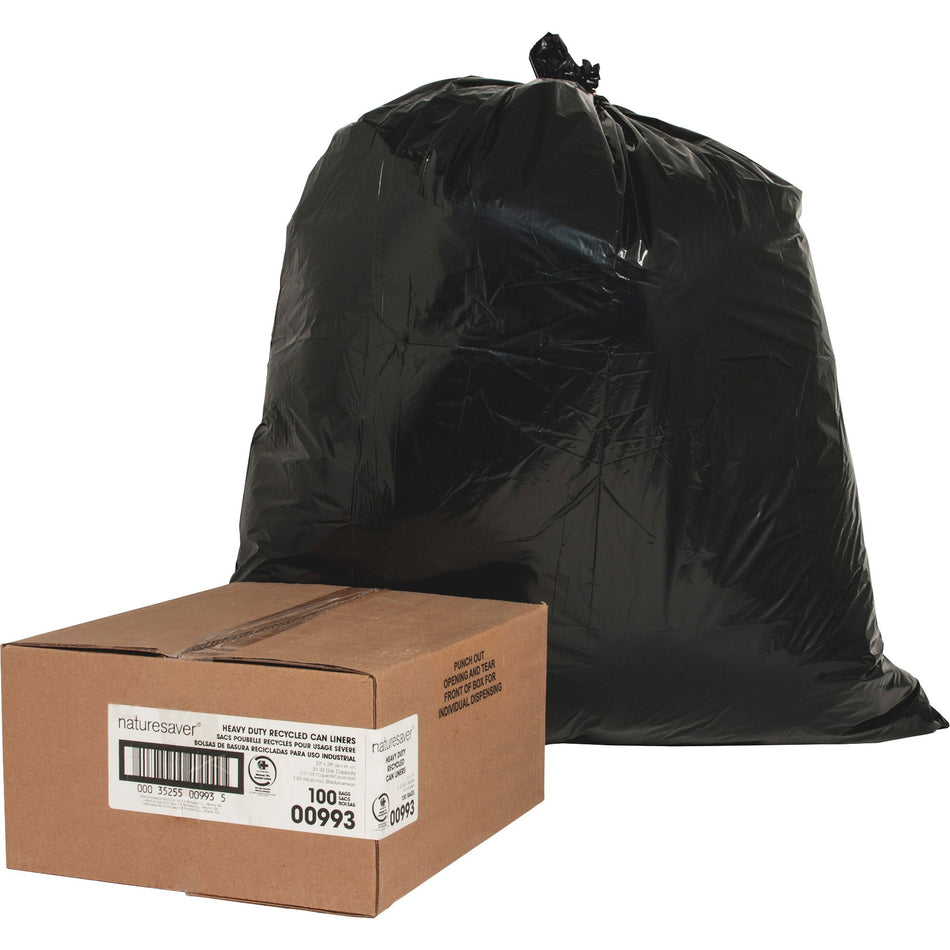 Nature Saver Black Low-density Recycled Can Liners - Medium Size - 33 gal Capacity - 1.65 mil (42 Micron) Thickness - Low Density - Black - Plastic - Cleaning Supplies - Recycled - 100 / Carton