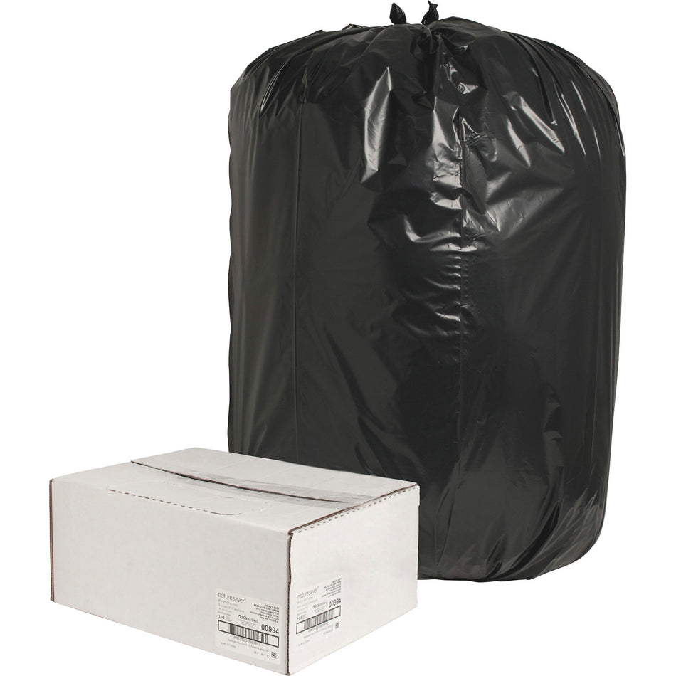 Nature Saver Black Low-density Recycled Can Liners - Extra Large Size - 60 gal Capacity - 58" Length x 38" Width x 1.65 mil (42 Micron) Thickness - Low Density - Black - Plastic - Cleaning Supplies - Recycled - 100 / Carton