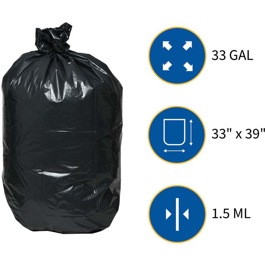 Genuine Joe Trash Can Liners: Medium 33 gal Capacity 40’’x33’’ 1.50 mil - Black 100/Box - Bags & Liners
