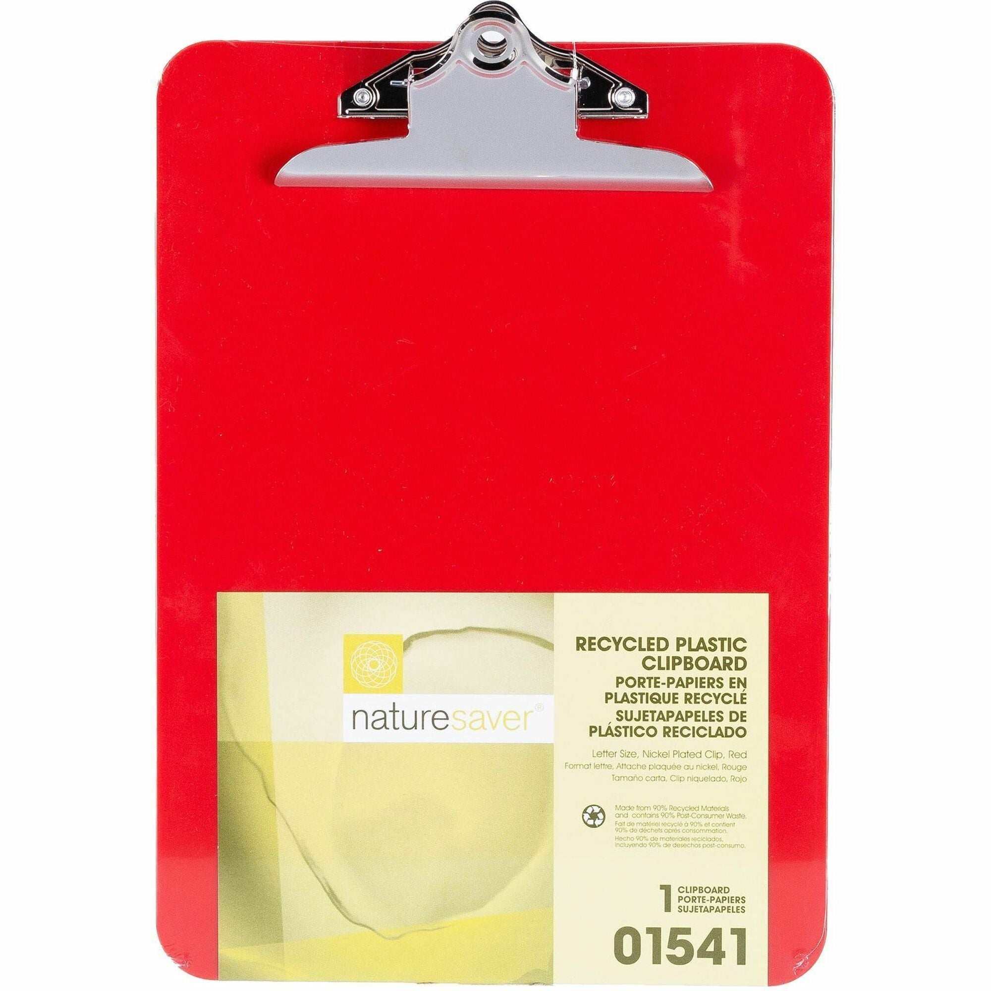 Nature Saver Recycled Plastic Clipboards - 1" Clip Capacity - 8 1/2" x 12" Sheet Size - Heavy Duty - Plastic - Red - 1 Each