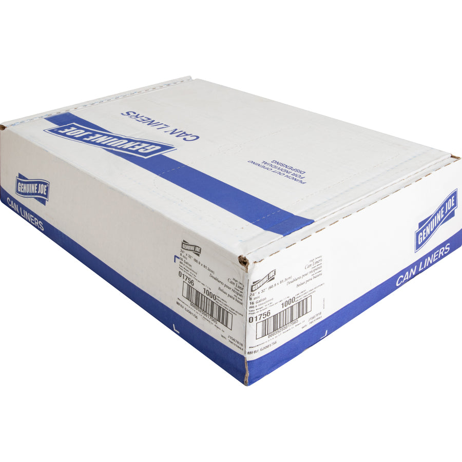 Genuine Joe High-Density Can Liners - Small Size - 16 gal Capacity - 24" Width x 32" Length - 0.31 mil (8 Micron) Thickness - High Density - Clear - Resin - 20/Carton - 50 Per Roll - Office Waste, Industrial Trash