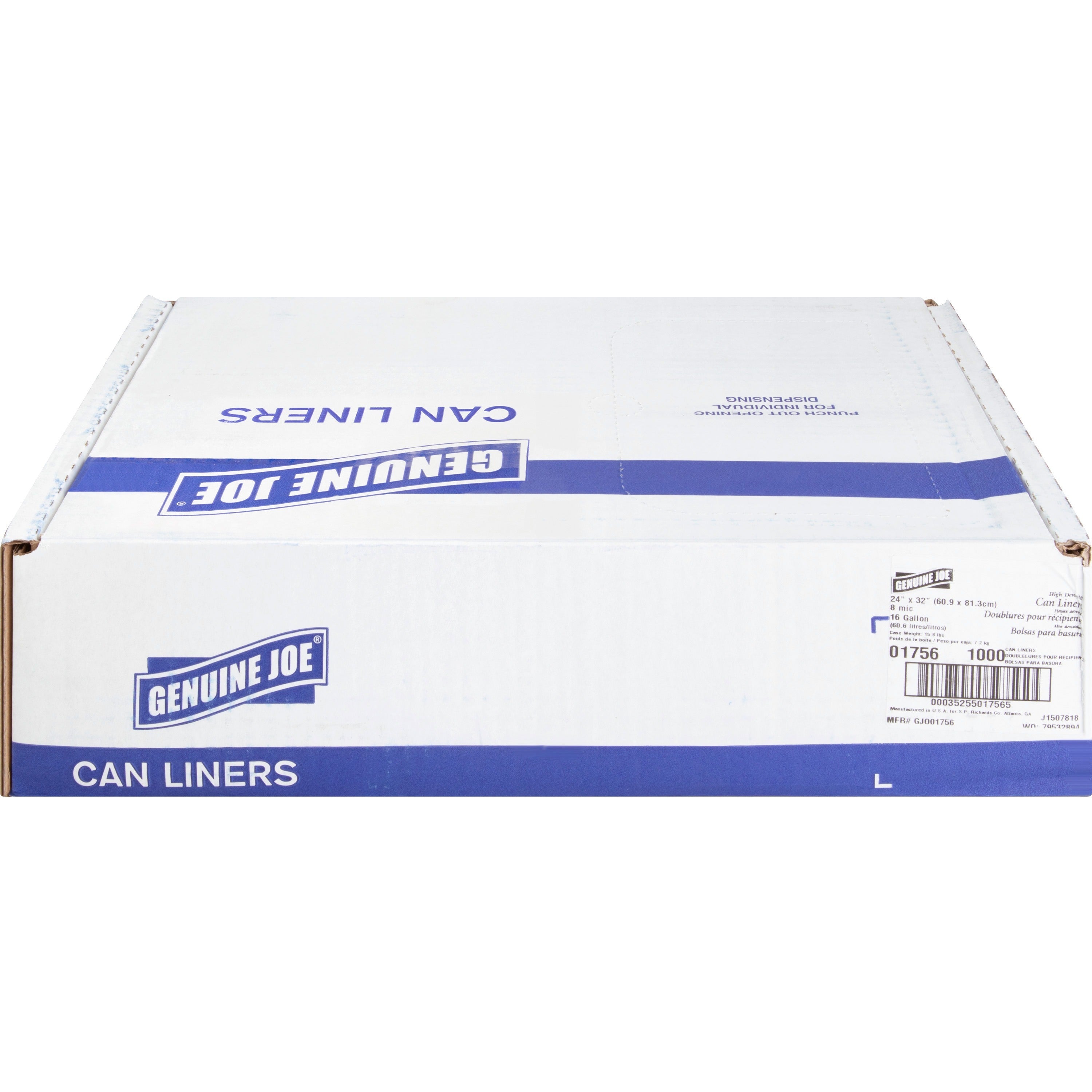 Genuine Joe High-Density Can Liners - Small Size - 16 gal Capacity - 24" Width x 32" Length - 0.31 mil (8 Micron) Thickness - High Density - Clear - Resin - 20/Carton - 50 Per Roll - Office Waste, Industrial Trash