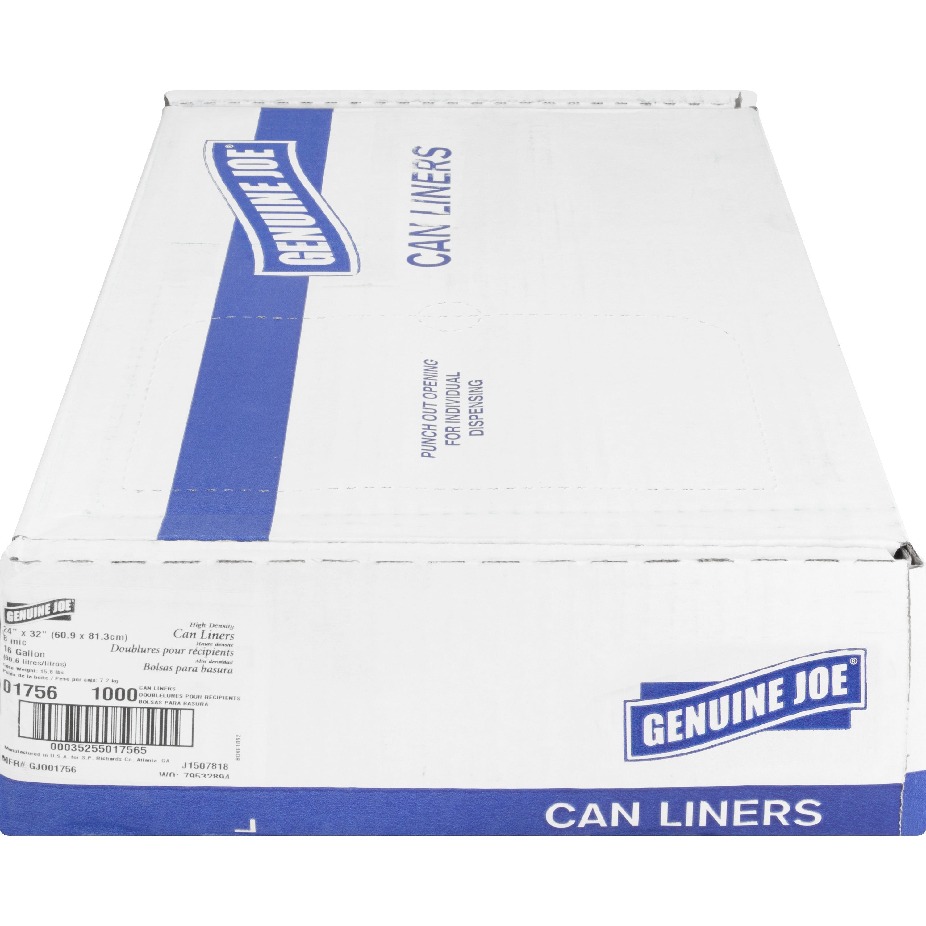 Genuine Joe High-Density Can Liners - Small Size - 16 gal Capacity - 24" Width x 32" Length - 0.31 mil (8 Micron) Thickness - High Density - Clear - Resin - 20/Carton - 50 Per Roll - Office Waste, Industrial Trash