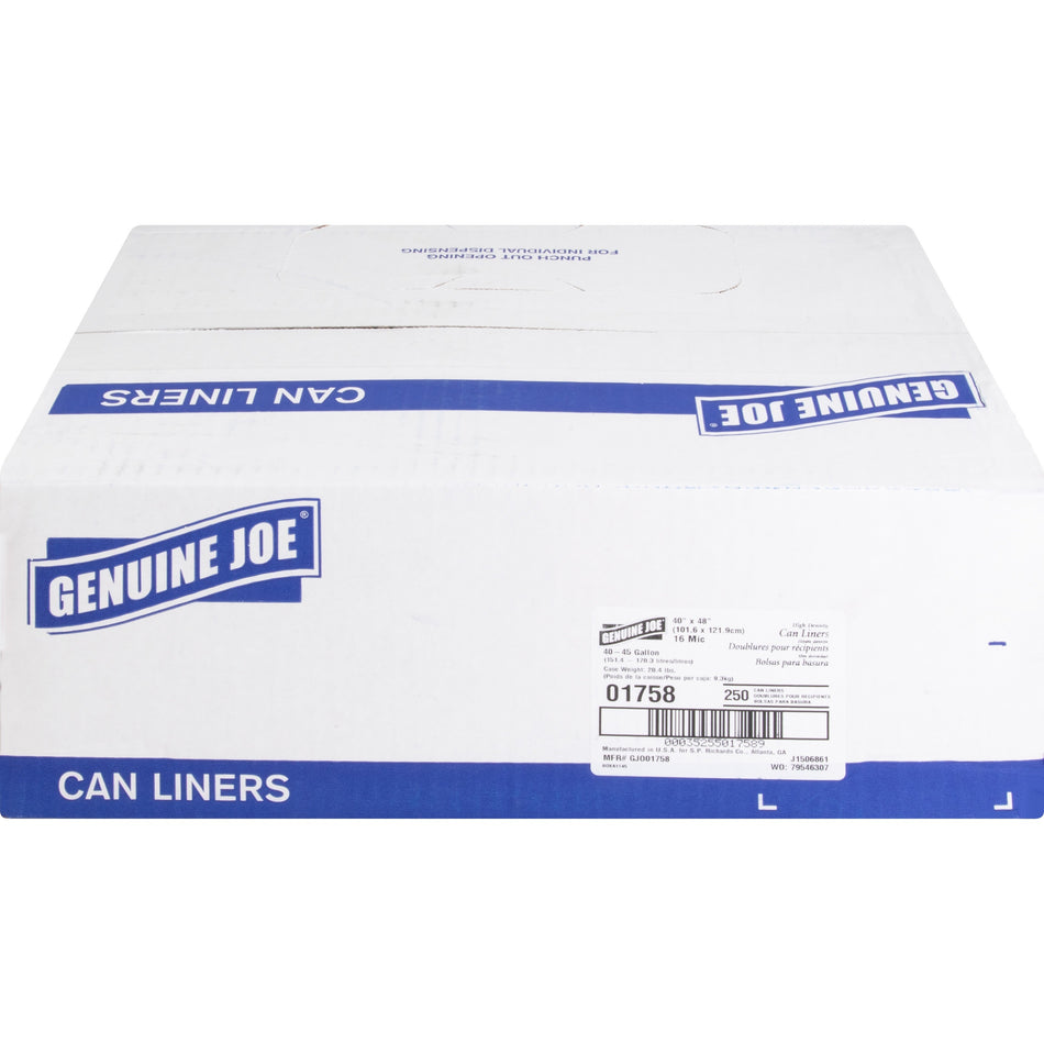 Genuine Joe High-density Can Liners - Large Size - 45 gal Capacity - 40" Width x 48" Length - 0.63 mil (16 Micron) Thickness - High Density - Clear - Resin - 10/Carton - 25 Per Roll - Office Waste, Industrial Trash