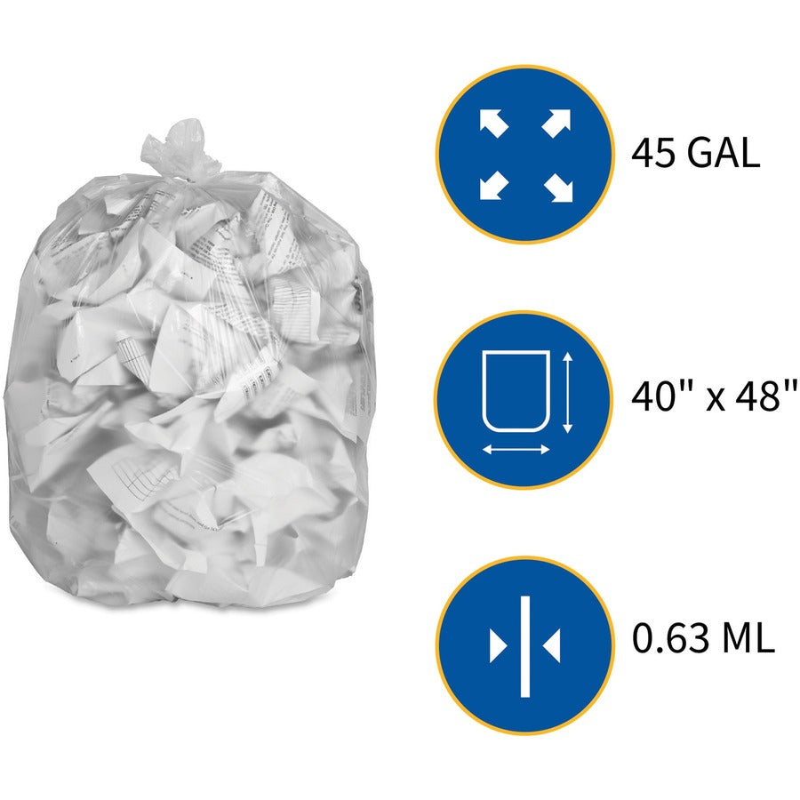 Genuine Joe High-density Can Liners - Large Size - 45 gal Capacity - 40" Width x 48" Length - 0.63 mil (16 Micron) Thickness - High Density - Clear - Resin - 10/Carton - 25 Per Roll - Office Waste, Industrial Trash