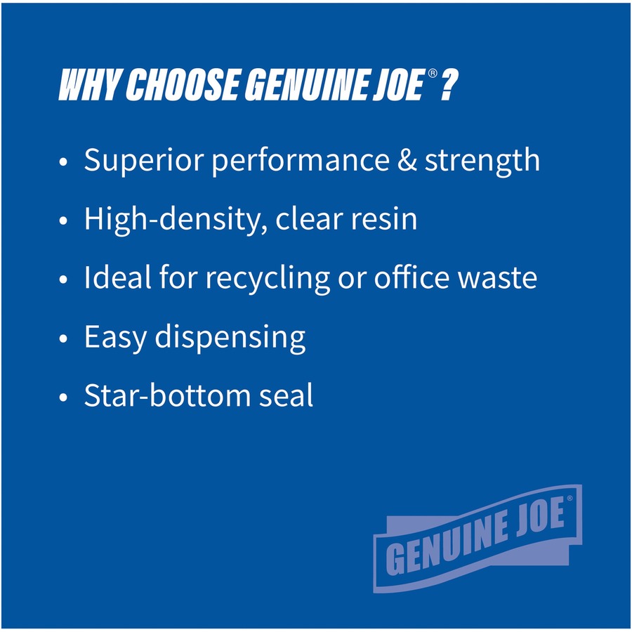 Genuine Joe High-density Can Liners - Large Size - 45 gal Capacity - 40" Width x 48" Length - 0.63 mil (16 Micron) Thickness - High Density - Clear - Resin - 10/Carton - 25 Per Roll - Office Waste, Industrial Trash