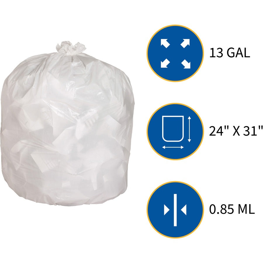 Genuine Joe Heavy-Duty Tall Kitchen Trash Bags - Small Size - 13 gal Capacity - 31" Length x 24" Width x 0.85 mil (22 Micron) Thickness - Low Density - White - Kitchen - Recycled - 150/Box - 1 / Carton