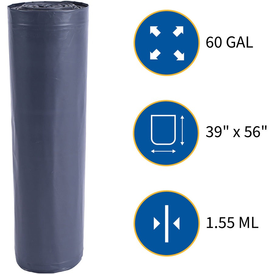 Genuine Joe Maximum Strength Trash Can Liner - Extra Large Size - 60 gal Capacity - 56" Length x 39" Width x 1.55 mil (39 Micron) Thickness - Low Density - Silver - Plastic Resin - Food Waste, Office Waste, Can, Debris - Recycled - 50 / Carton