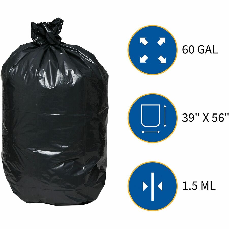 Genuine Joe Heavy-Duty Trash Can Liners - 60 gal Capacity - 56" Length x 39" Width x 1.50 mil (38 Micron) Thickness - Low Density - Black - Plastic Resin - Debris, Can, Waste - 50/Box - 1 / Carton