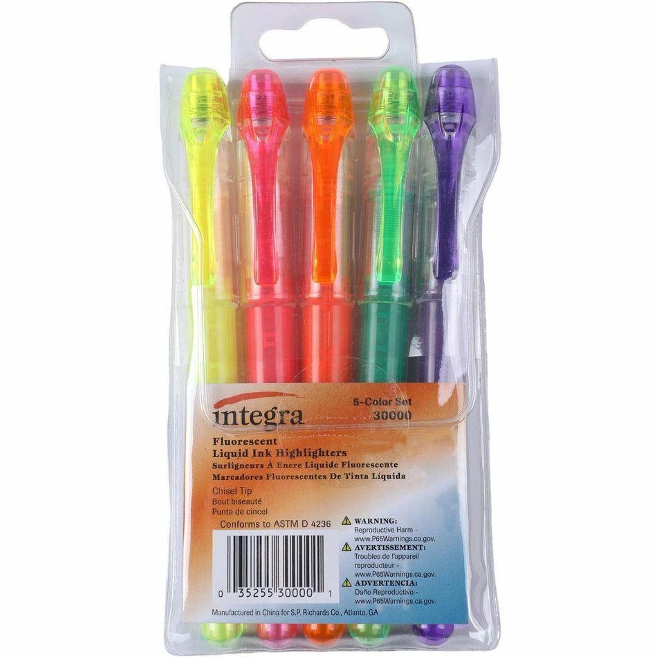 Integra Liquid Highlighters - Fine Chisel Marker Point - Assorted Ink - 5 / Set