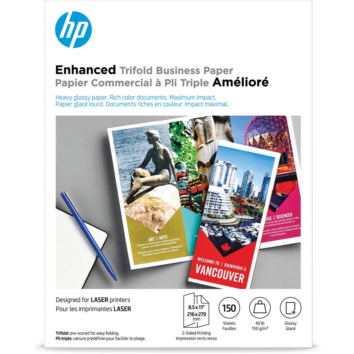 HP Trifold Brochure Paper - White - 97 Brightness - Letter - 8 1/2" x 11" - 40 lb Basis Weight - Smooth, Glossy - Double-sided - White - 150 / Pack
