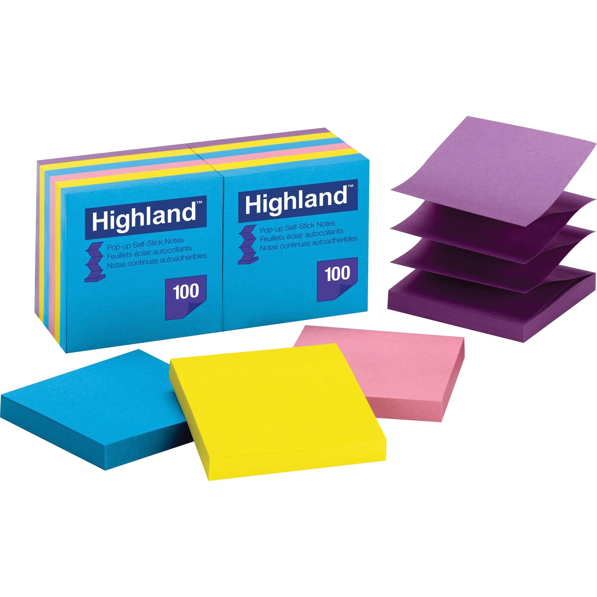 Highland Self-sticking Bright Pop-up Notepads - 1200 - 3" Flag/Note Width x 3" Flag/Note Length - Square - 100 Sheets per Pad - Unruled - Bright Assorted - Paper - Self-adhesive, Repositionable, Removable, Pop-up - 12 / Pack