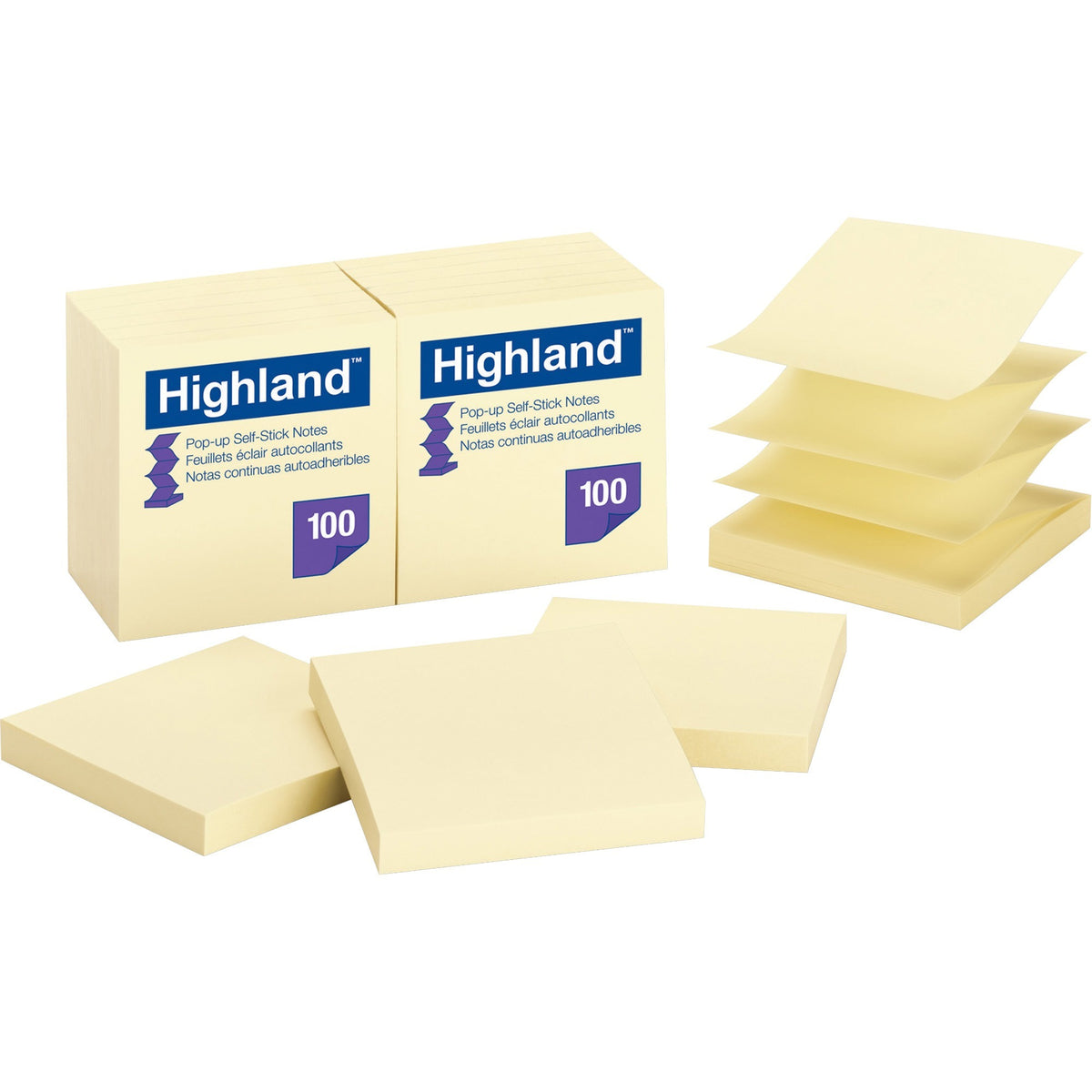 Highland Self-sticking Notepads - 1200 - 3" Flag/Note Width x 3" Flag/Note Length - Square - 100 Sheets per Pad - Unruled - Yellow - Paper - Self-adhesive, Repositionable, Removable, Pop-up - 12 / Pack