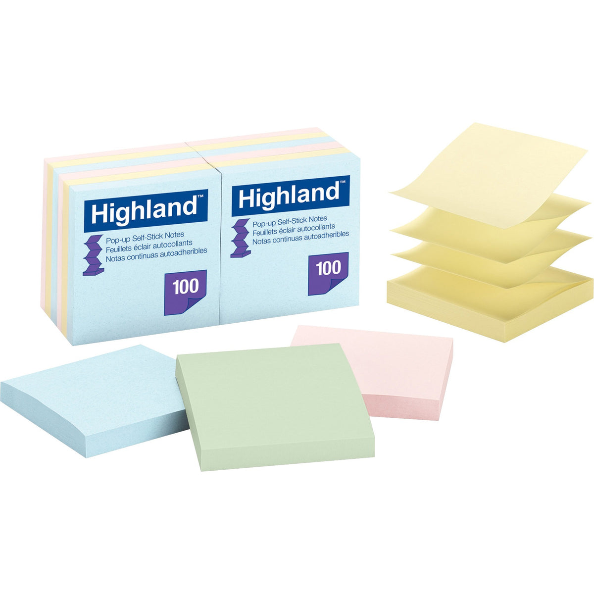 Highland Self-sticking Pastel Pop-up Notepads - 1200 - 3" Flag/Note Width x 3" Flag/Note Length - Square - 100 Sheets per Pad - Unruled - Assorted Pastel - Paper - Pop-up, Self-adhesive, Repositionable, Removable - 12 / Pack