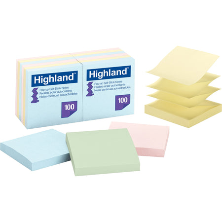 Highland Self-sticking Pastel Pop-up Notepads - 1200 - 3" Flag/Note Width x 3" Flag/Note Length - Square - 100 Sheets per Pad - Unruled - Assorted Pastel - Paper - Pop-up, Self-adhesive, Repositionable, Removable - 12 / Pack