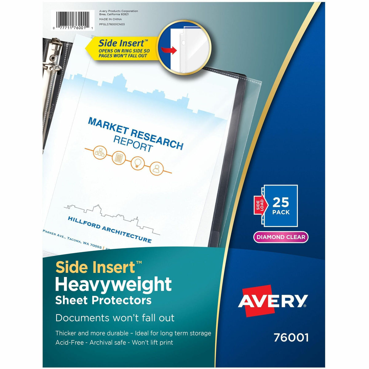 Avery® Side Insert Sheet Protectors - For Letter 8 1/2" x 11" Sheet - 3 x Holes - Ring Binder - Side Loading - Clear, Diamond Clear - Polypropylene - 25 / Pack