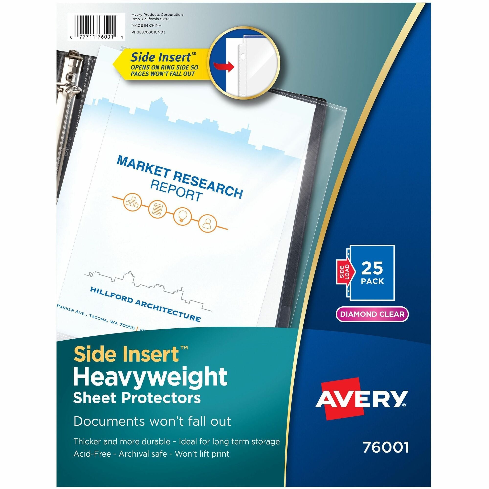 Avery® Side Insert Sheet Protectors - For Letter 8 1/2" x 11" Sheet - 3 x Holes - Ring Binder - Side Loading - Clear, Diamond Clear - Polypropylene - 25 / Pack