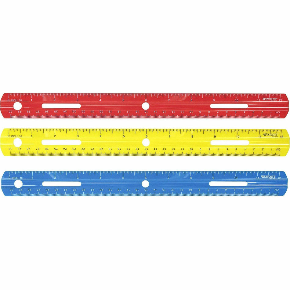 Westcott 12" Plastic Ruler - 12" Length - 1/16 Graduations - Imperial, Metric Measuring System - Plastic - Assorted - 1 Each