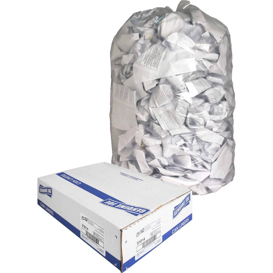 Genuine Joe Clear Trash Can Liners - Extra Large Size - 60 gal Capacity - 58" Length x 38" Width x 0.80 mil (20 Micron) Thickness - Low Density - Clear - Film - Multipurpose - 100 / Carton