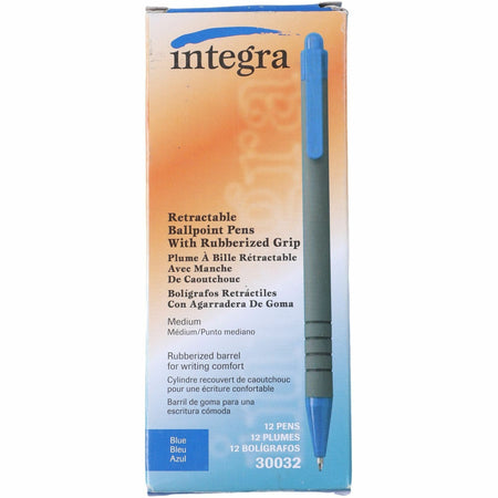 Integra Rubber Barrel Retractable Ballpoint Pens - 1 mm Medium Pen Point - Retractable - Blue Ink - Rubber Barrel - 1 Dozen