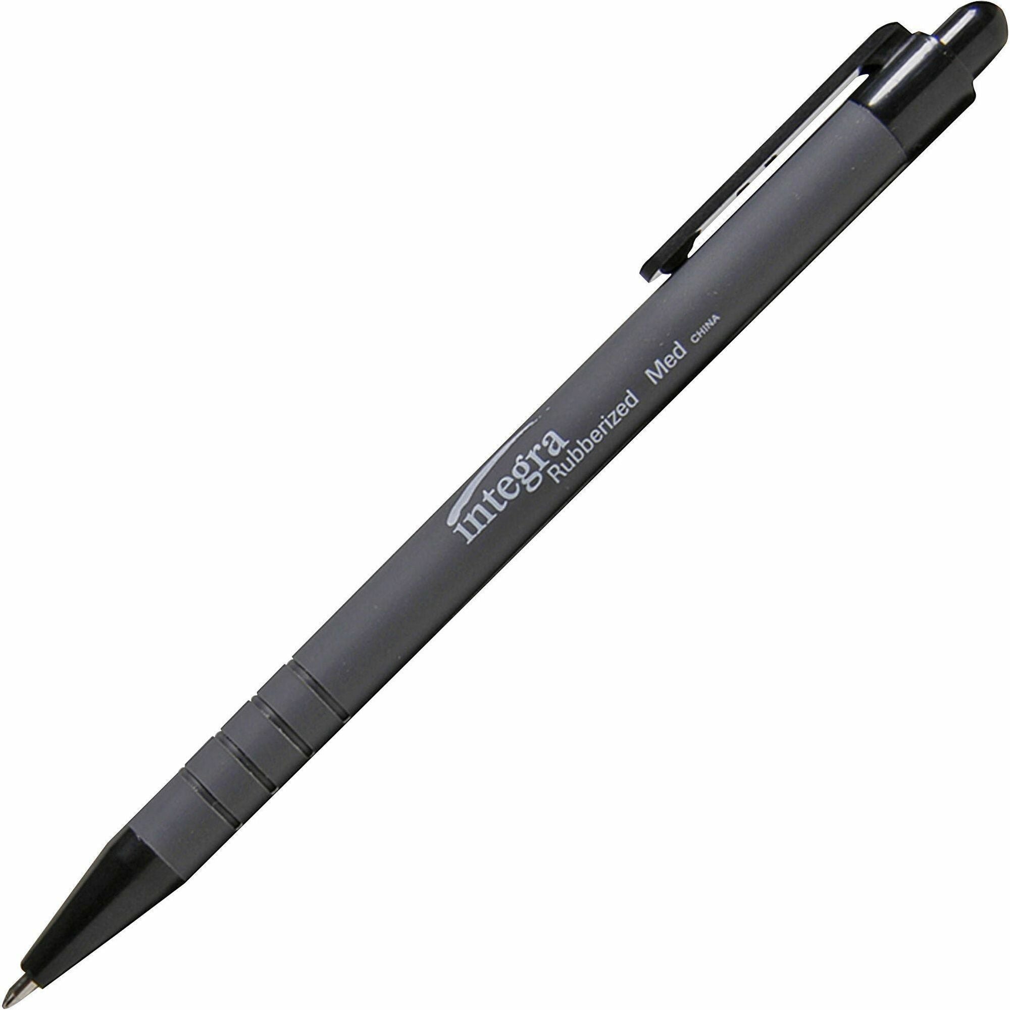 Integra Rubber Barrel Retractable Ballpoint Pens - 1 mm Medium Pen Point - Retractable - Black Ink - Rubber Barrel - 1 Dozen