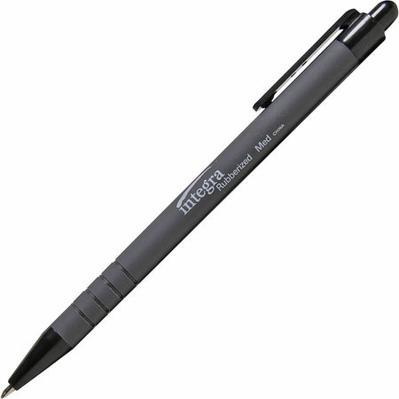 Integra Rubber Barrel Retractable Ballpoint Pens - 1 mm Medium Pen Point - Retractable - Black Ink - Rubber Barrel - 1 Dozen